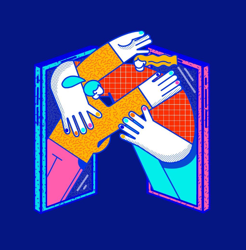 Deep blue canvas with two abstract girls hugging 