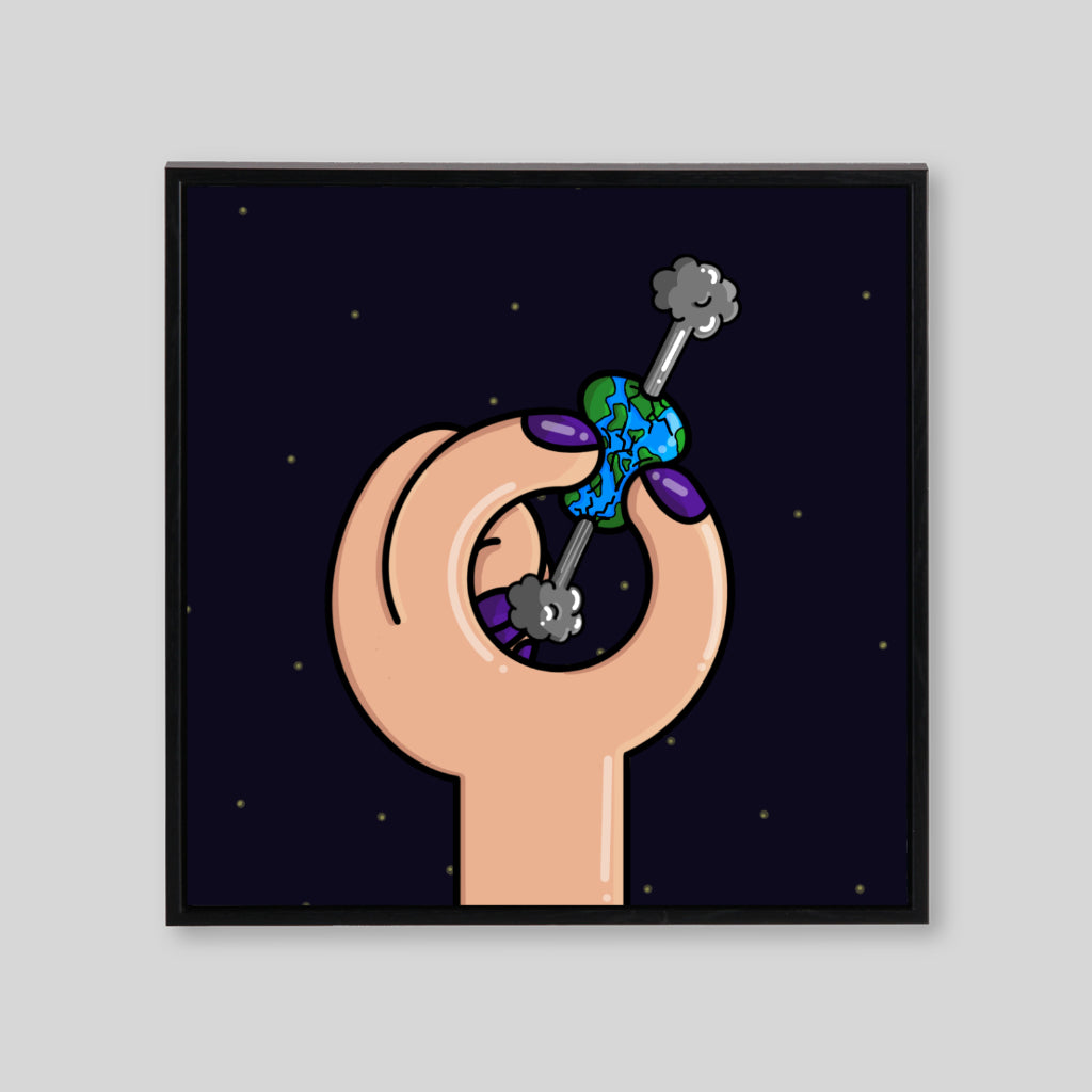 Black canvas and cartoon style hand impaling Earth 