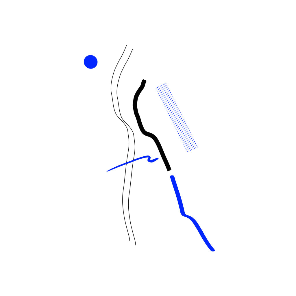 White canvas with simple black and blue lines and shapes 