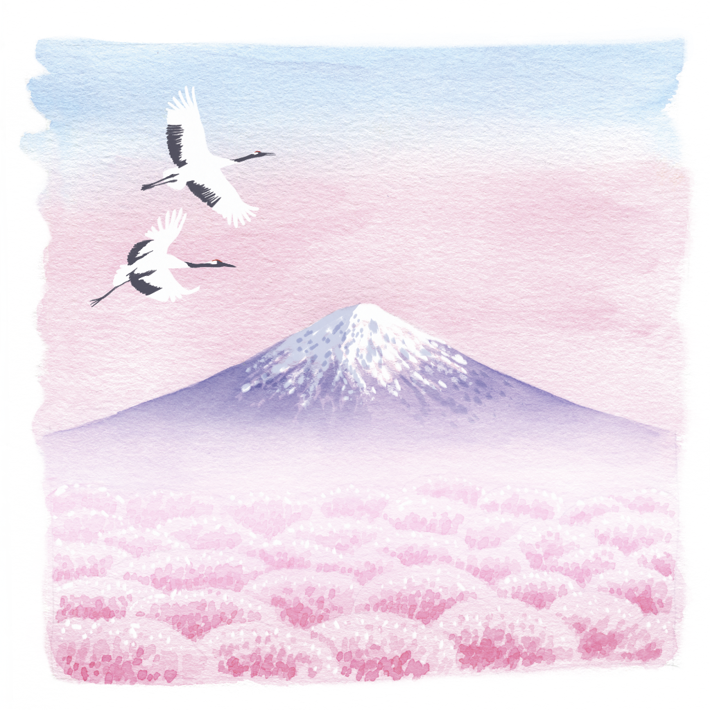 Pastel canvas with light blue to pink gradient sky and fuji mountain above cherry blossoms 