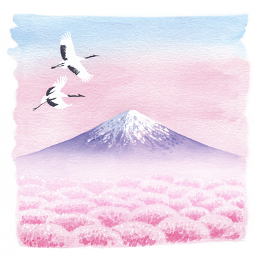 Pastel canvas with light blue to pink gradient sky and fuji mountain above cherry blossoms 