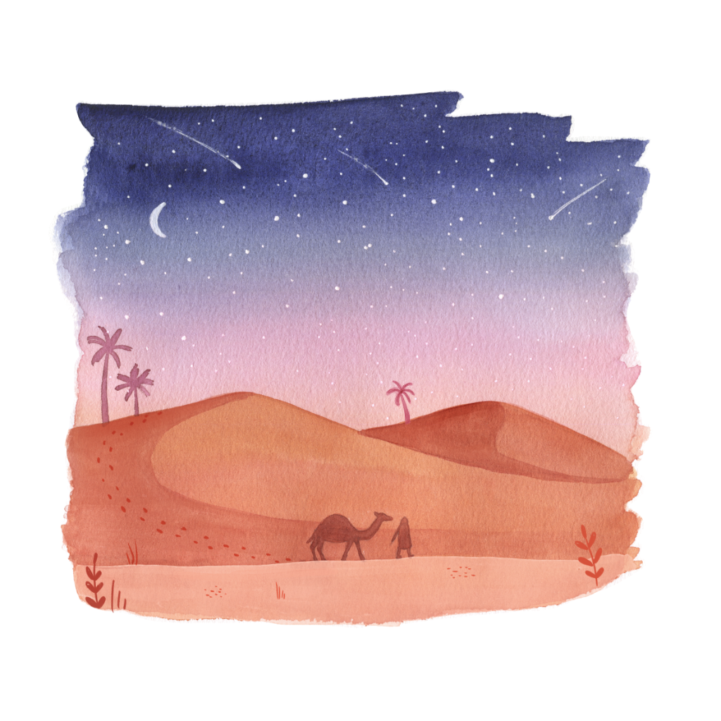 Blue to pink gradient sky behind orange desert with camel silhouette 