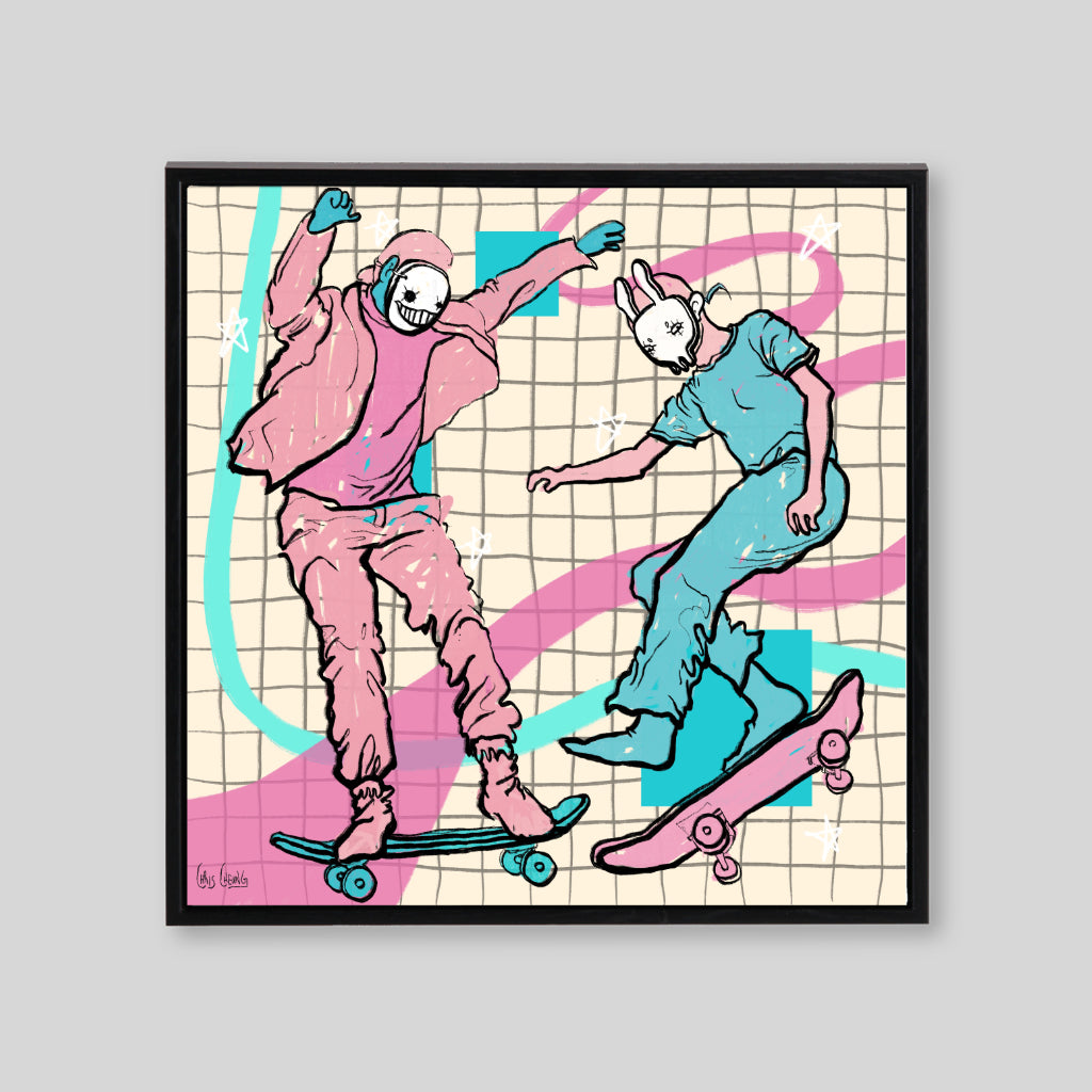 Pink blue and beige cartoon style illustration with people riding skateboards