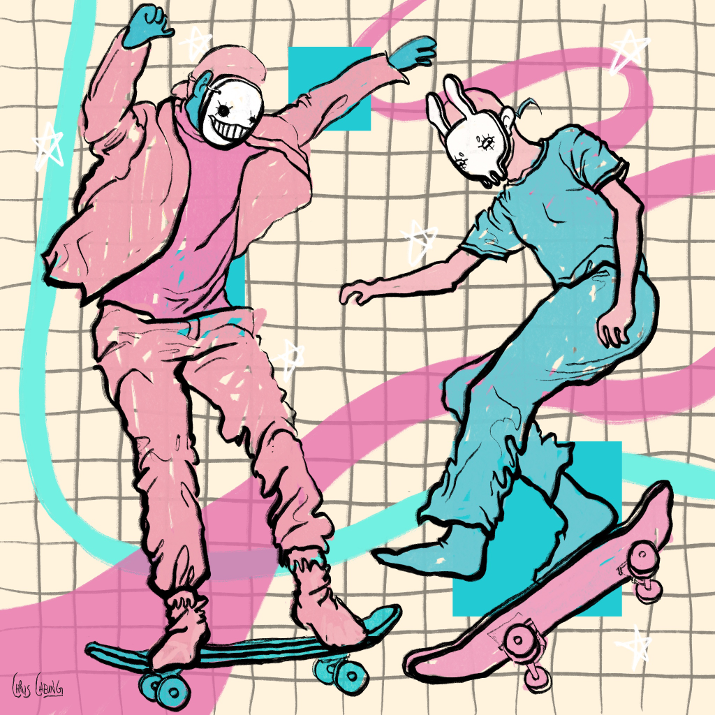 Pink blue and beige cartoon style illustration with people riding skateboards