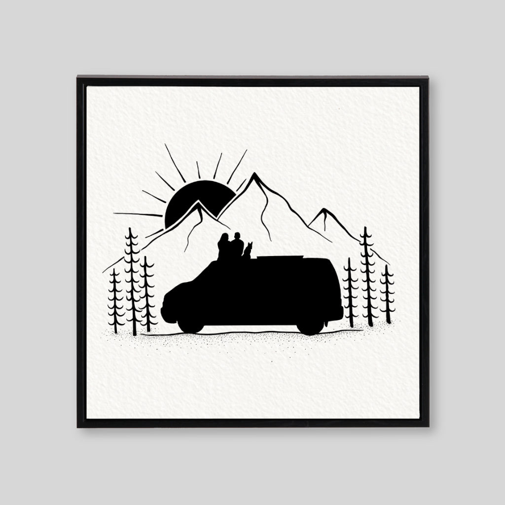 White canvas with black line drawing of camping van and sunrise 