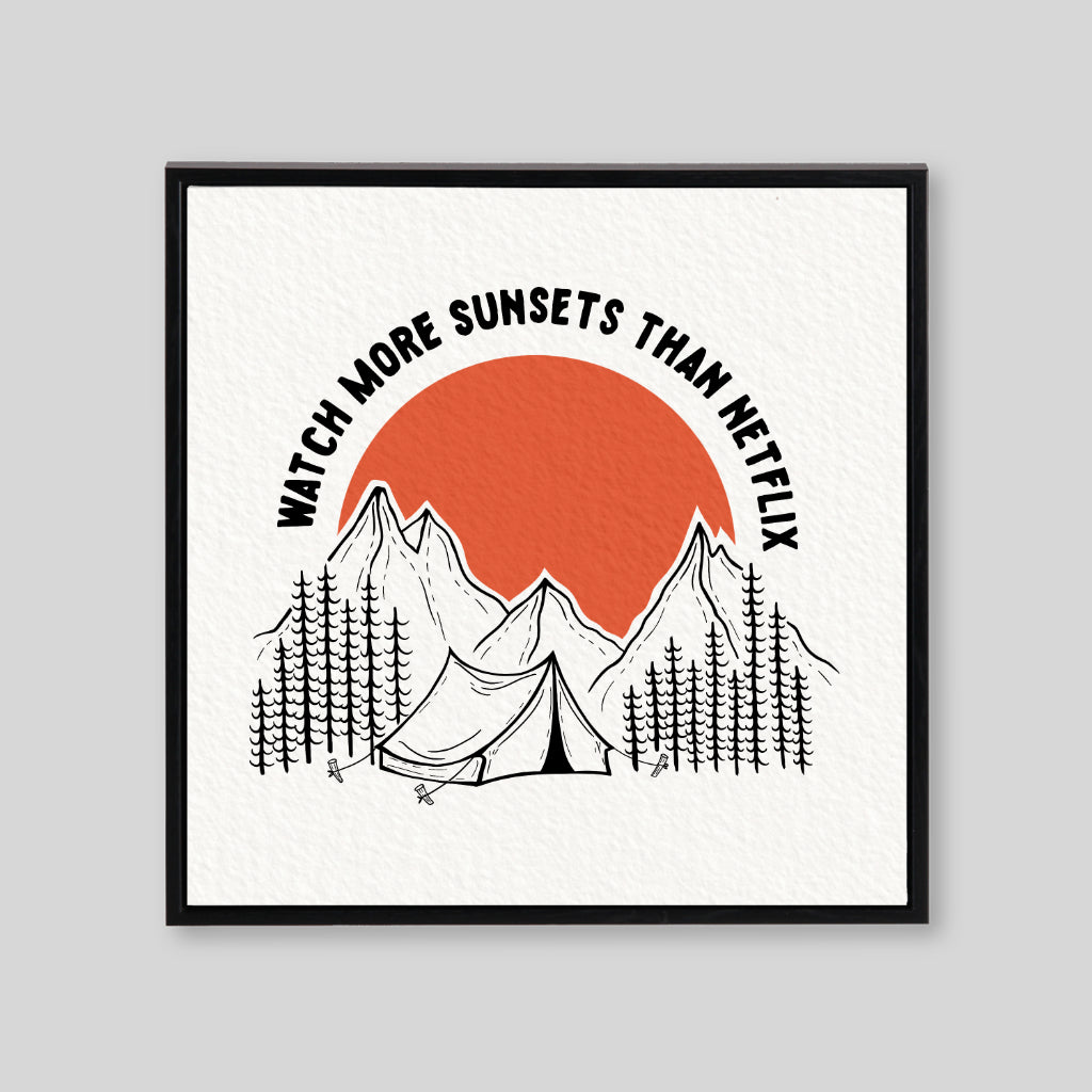 White background with simple line art of campsite with orange sun and lettering