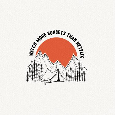 White background with simple line art of campsite with orange sun and lettering