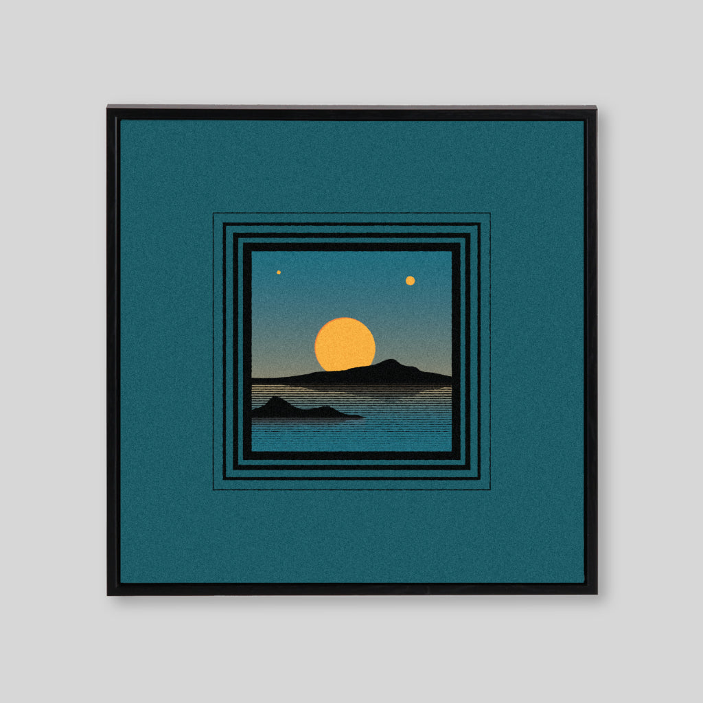 Turquoise background with simple sunrise landscape in the center 