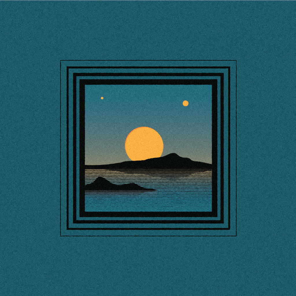 Turquoise background with simple sunrise landscape in the center 