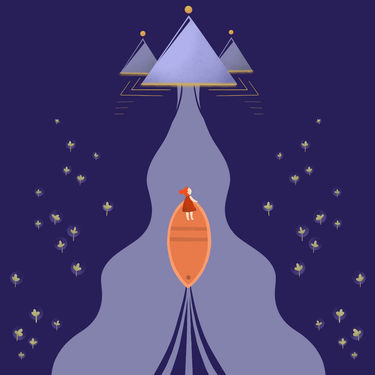 Dark blue background with tiny orange boat in the sea 