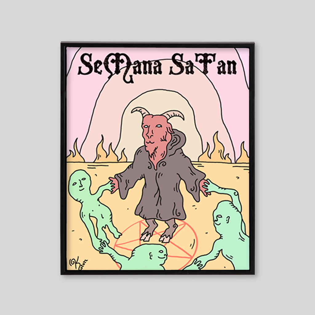 Cartoon style satan and green aliens in hell with lettering 