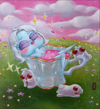 Blue alien girl taking a bath in field of grass under pink sky