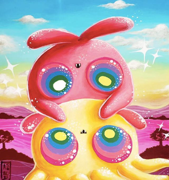 Two cartoon style octopuses with rainbow eyes and sparkly blue sky