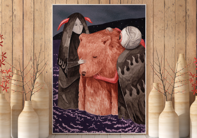 Dark painting with grey girl in red horns and brown bear 