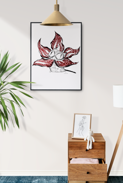 White background with burgundy flower illustration and grey cat in the middle 