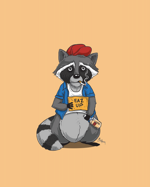 Cartoon clothed raccoon on orange background 