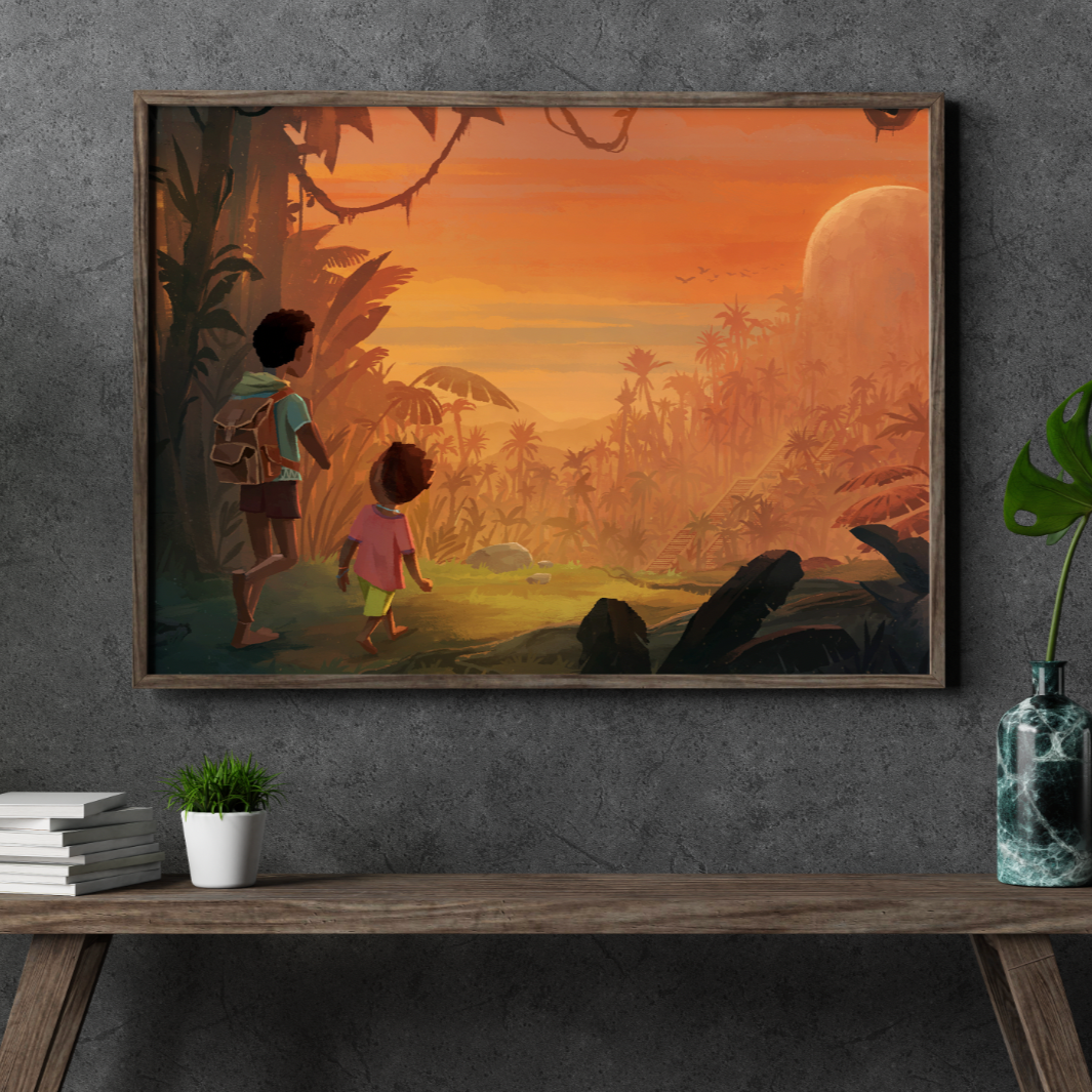 Two young brothers in jungle with orange sunset