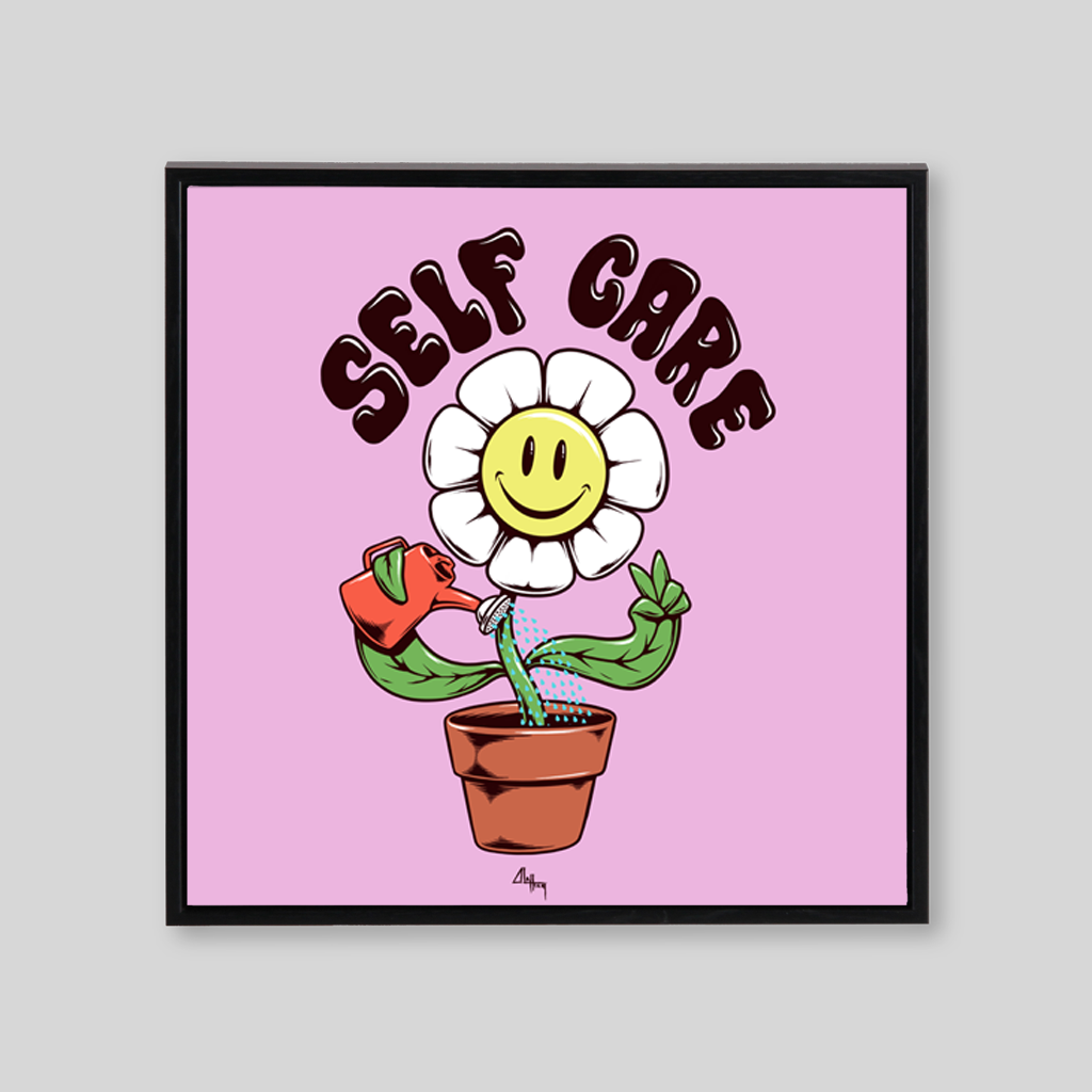 Purple pink background and smiley sunflower with self care lettering