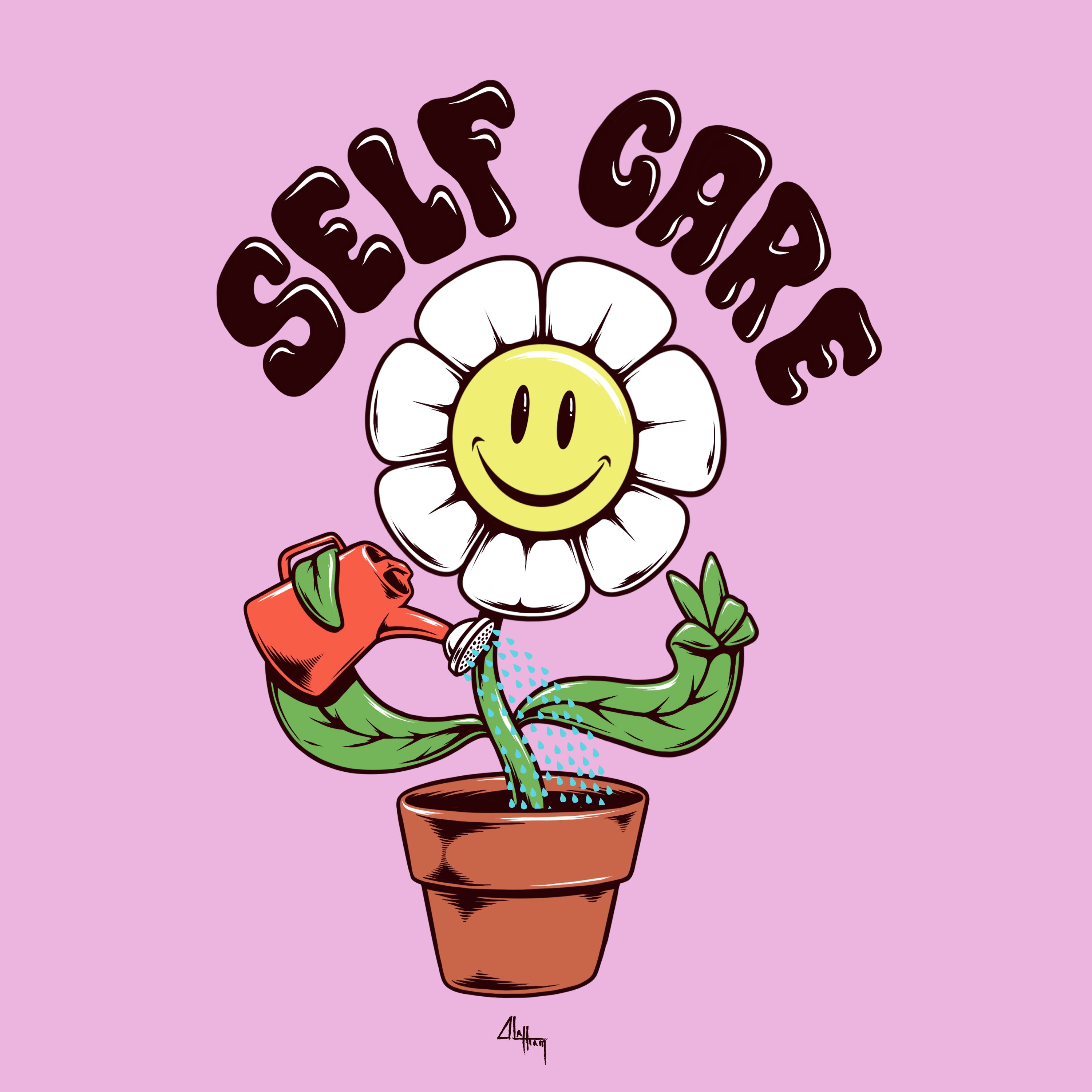 Purple pink background and smiley sunflower with self care lettering
