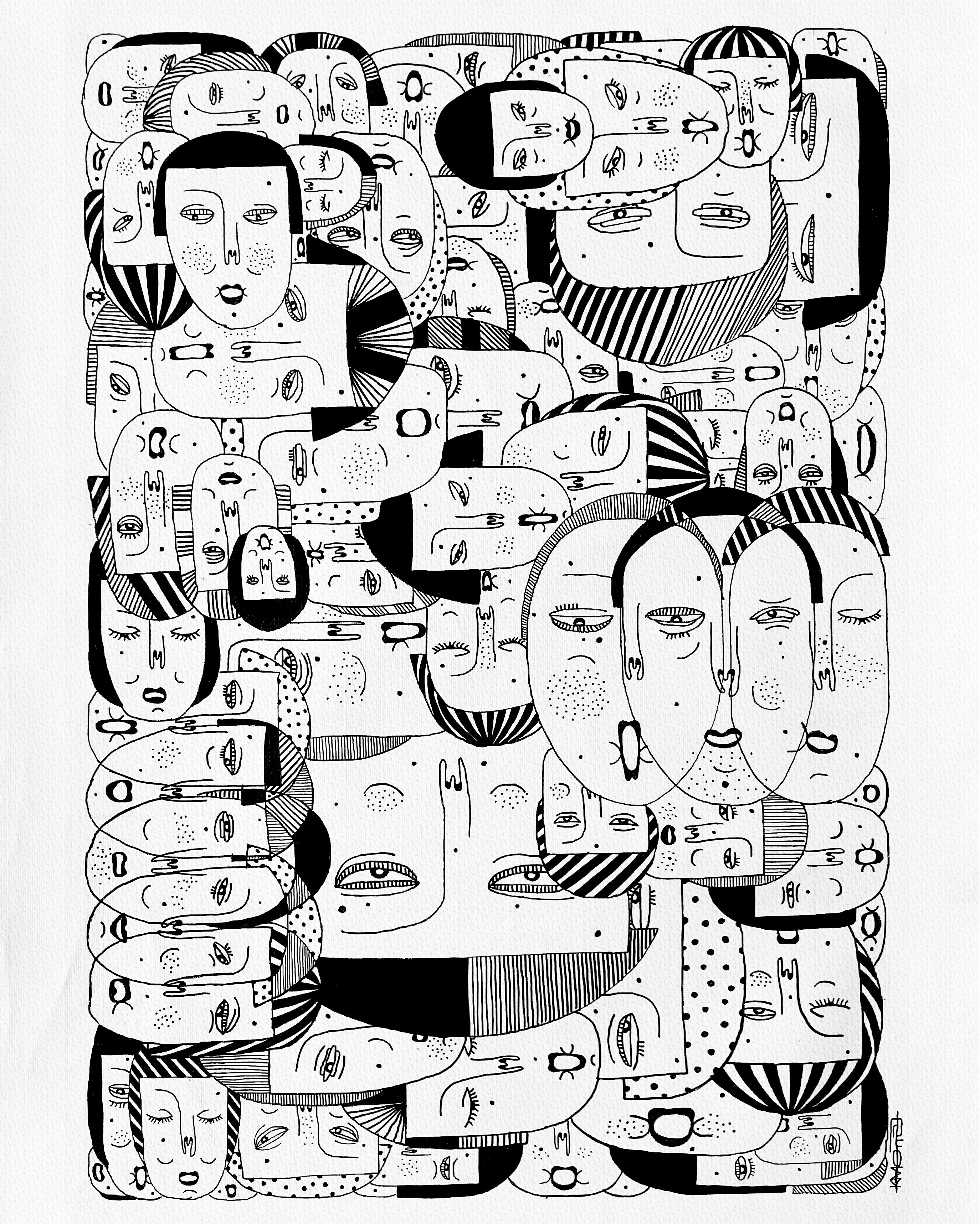 Monochrome caricature line art of multiple faces 