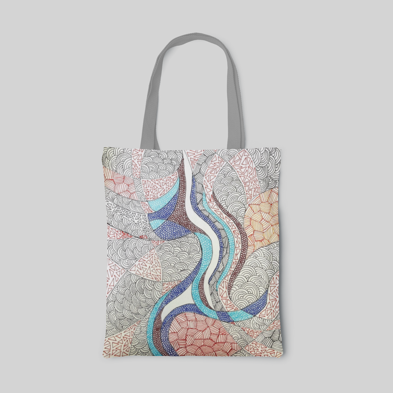 abstract designed tote bag with grey handles, and drawing different patterns with red, blue, yellow, brown and black pen, front side