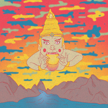 Sunset gradient with yellow and blue clouds and buddha eating the sun