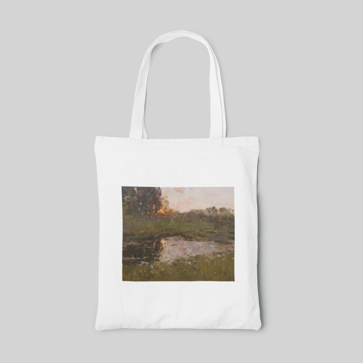 White oil painting designed tote bag with dull green and pink sunset landscape on river, front side