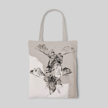 warm Morandi colour abstract designed tote bag with breathe something beautiful into a withered (transience) seed of the Acer pseudoplatanus (sycamore maple), express with black and brown ink, front side