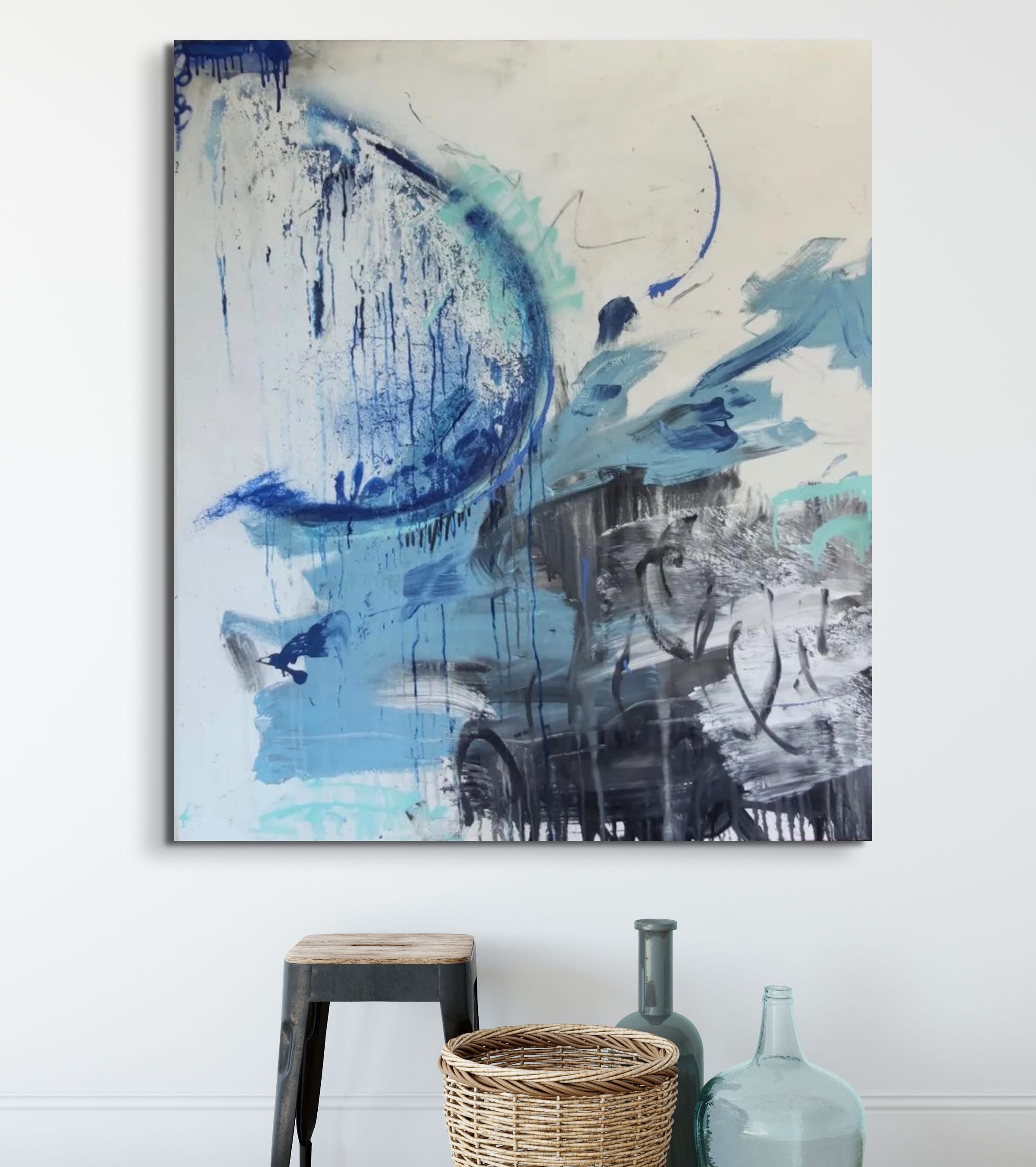 White blue and black abstract art streaks with paint splatters 