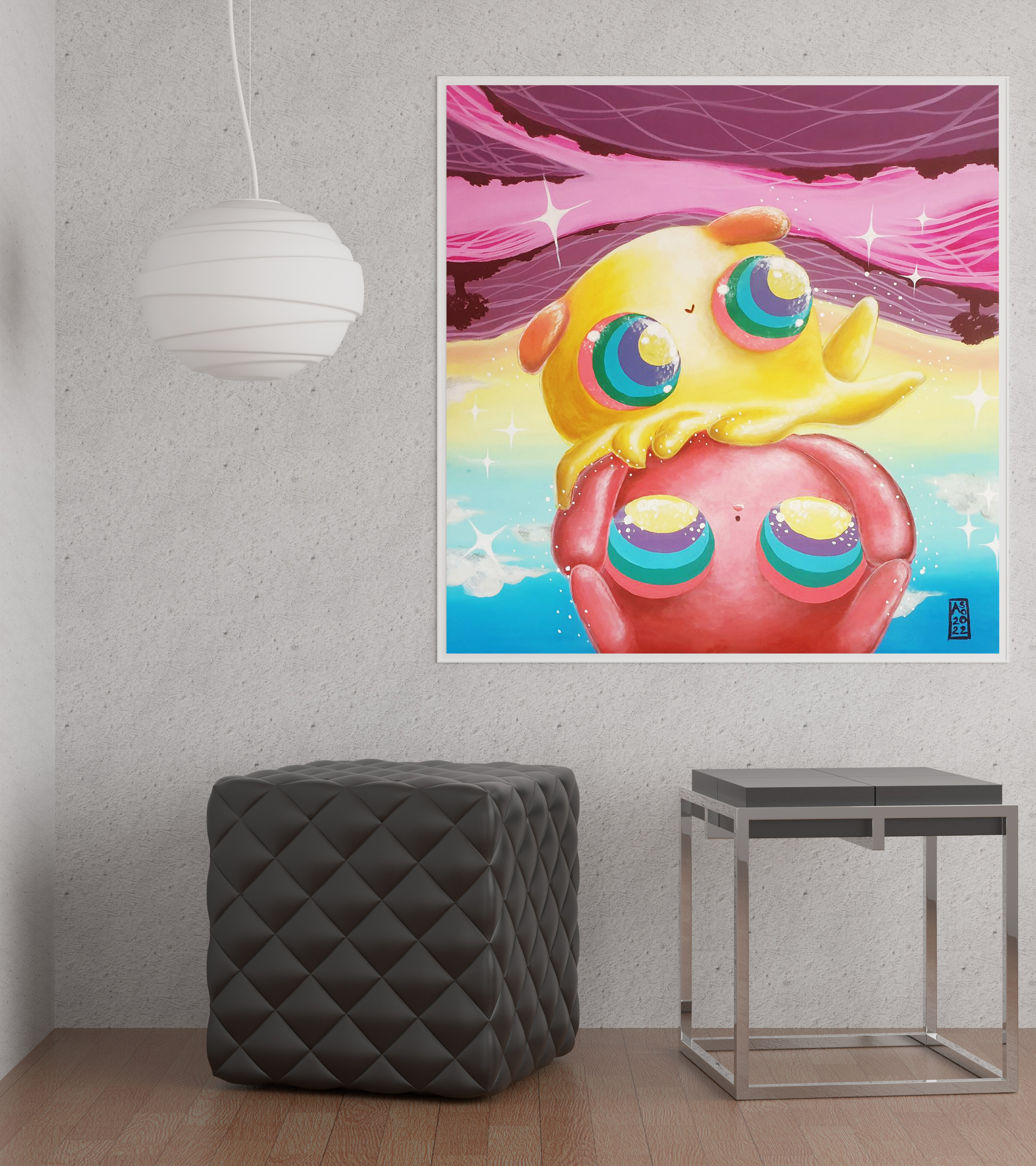 Two cute octopuses with rainbow eyes and pink background