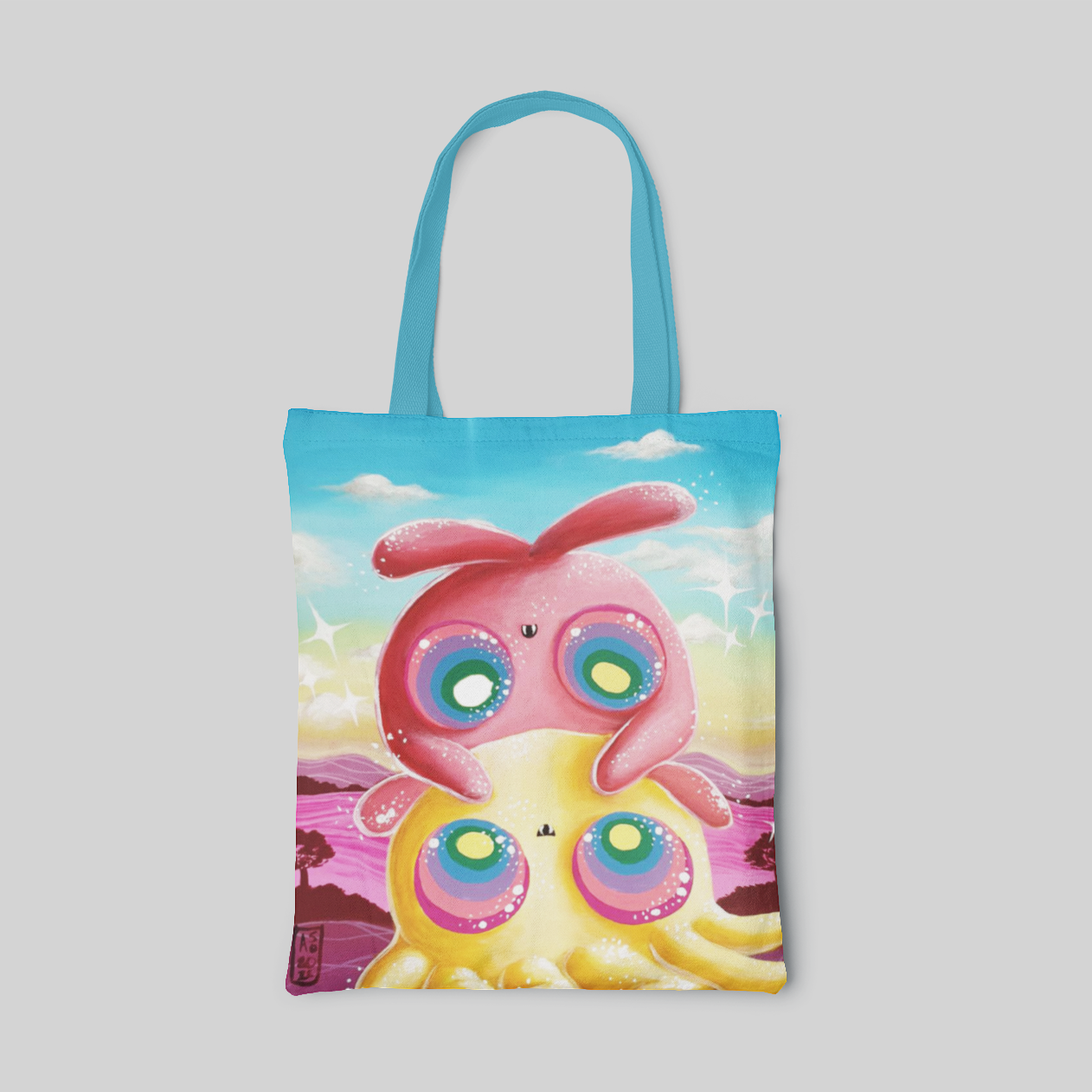 colourful lowbrow designed tote bag with cartoon bunny and octopus on a pink beach with blue skies, front side