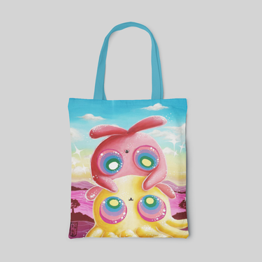 Tote bag with two octopus cartoons on a pink beach with blue skies