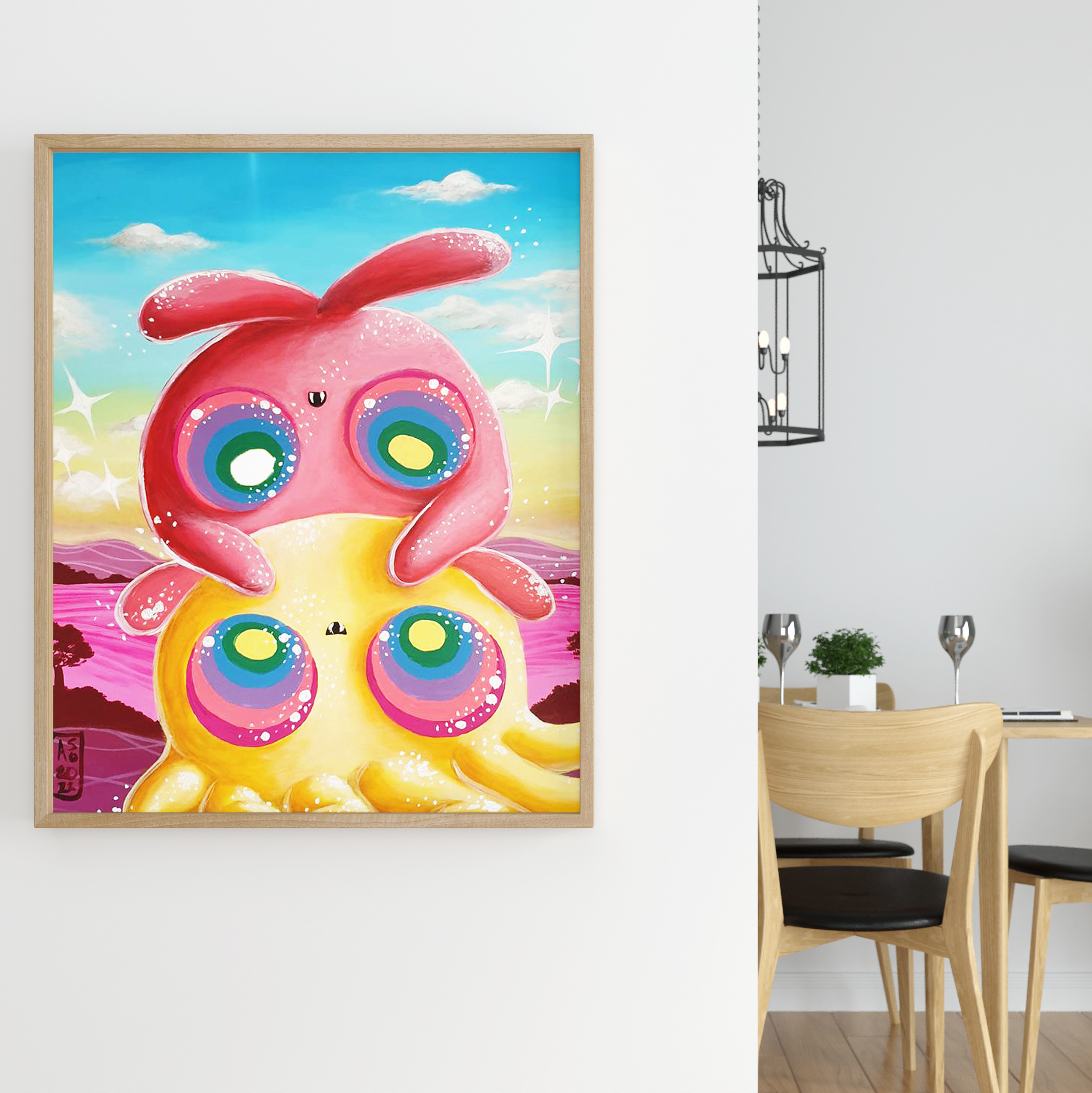Two cartoon style octopuses with rainbow eyes and sparkly blue sky