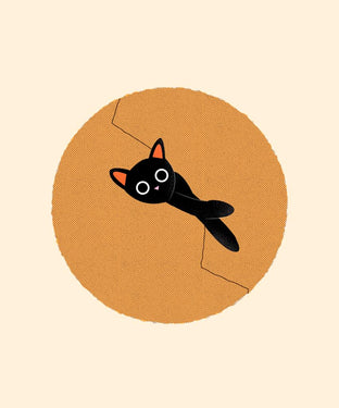 Beige background with orange circle and stuck black cat