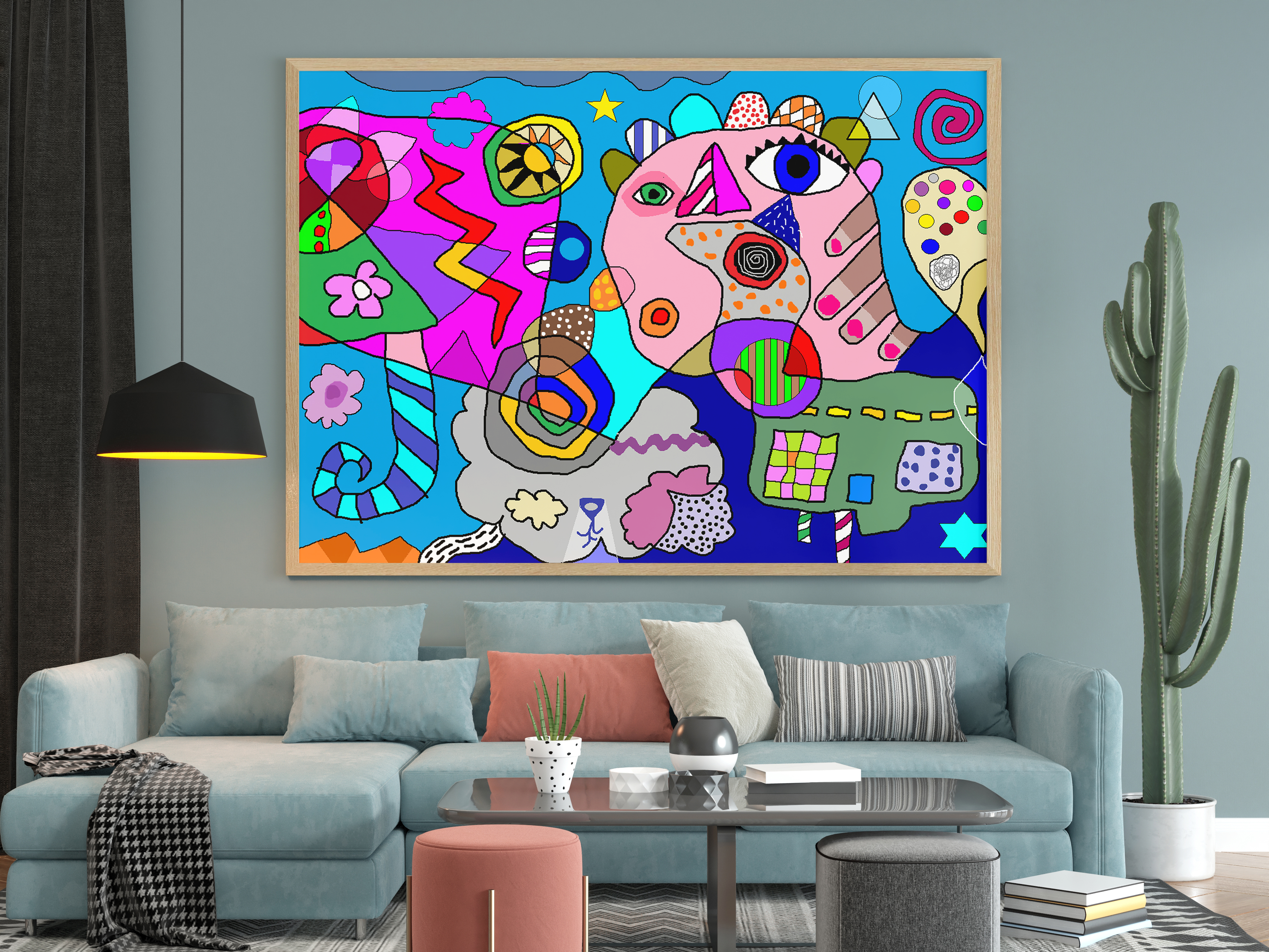 Abstract canvas with bold colors and different solid shapes