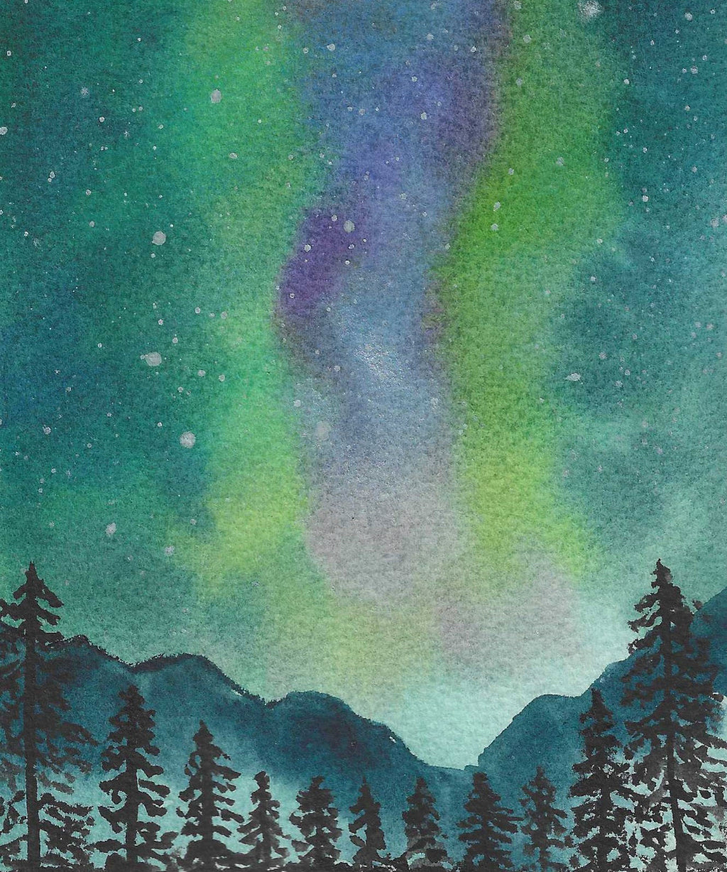 Northern lights painting and two trees