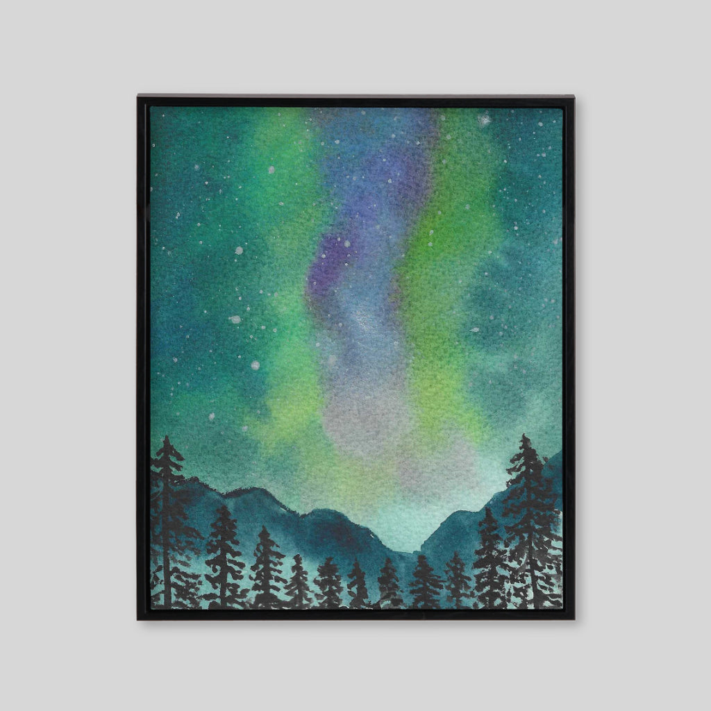 Northern lights painting and two trees