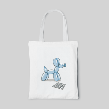 White lowbrow designed tote bag with blue balloon dog, front side