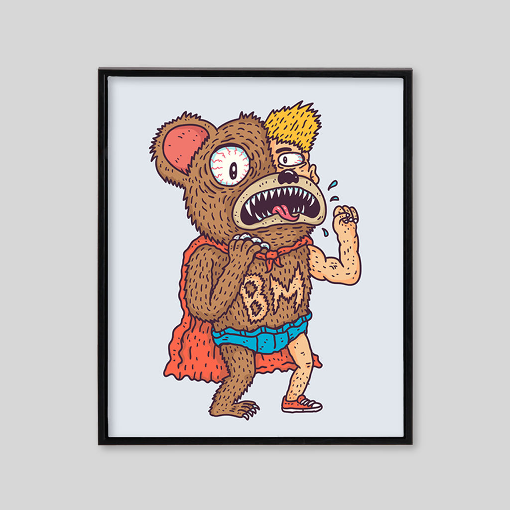 Abstract cartoon style bear infused with man illustration