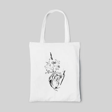 White designed tote bag with line art about put some flower in the heart's arteries and veins, front side