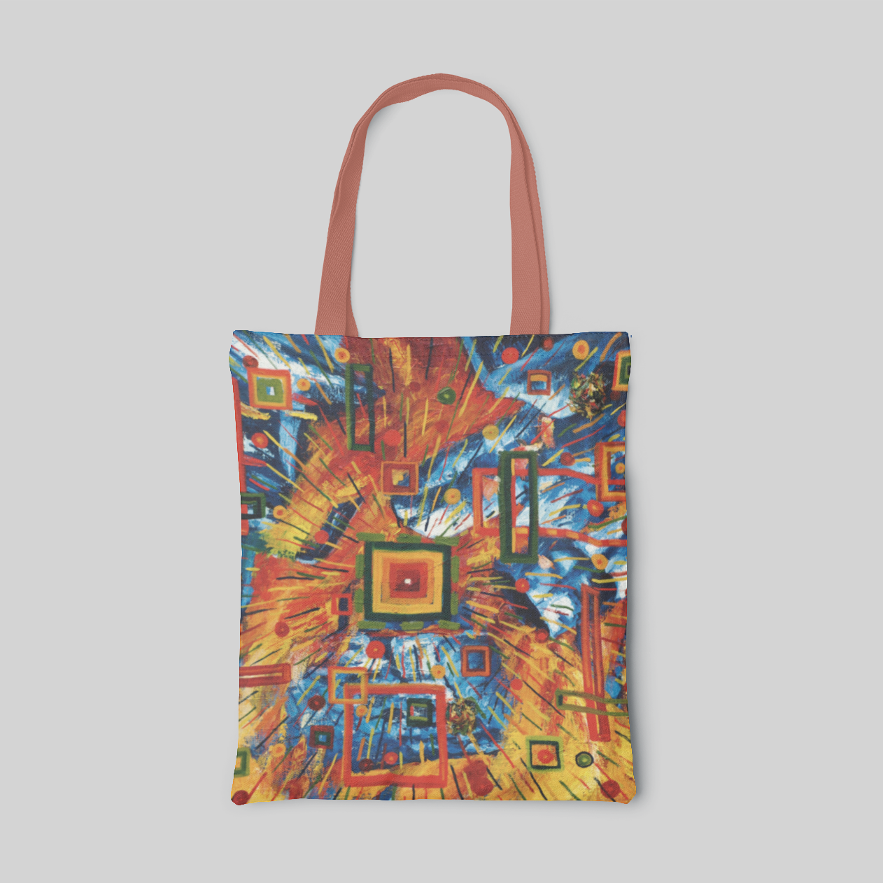 orange oil paint and abstract designed tote bag with orange, yellow, blue and white base, and orange, yellow, green and blue radiation and quadrilateral strokes, front side