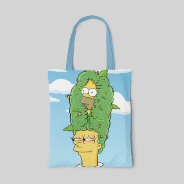 blue lowbrow designed tote bag with Marge Simpson in the sky background, her hair become tiny tree with Homer Simpson inside. front side