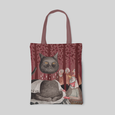lowbrow Burgundy designed tote bag with grey cat and white birds in red woods, front side 