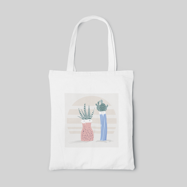 white minimalist designed tote bag of two succulents with beige background, front side