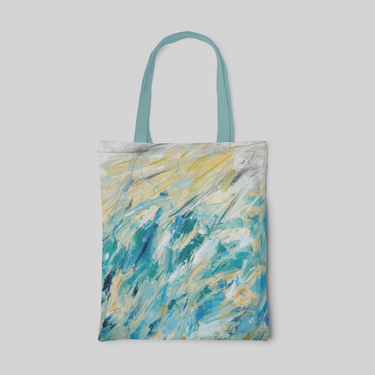 turquoise blue abstract designed tote bag with yellow, white, blue, black and turquoise oil paint strokes, front side