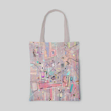 pale pink abstract designed tote bag with vivid colour strokes and black and white highlights, front side