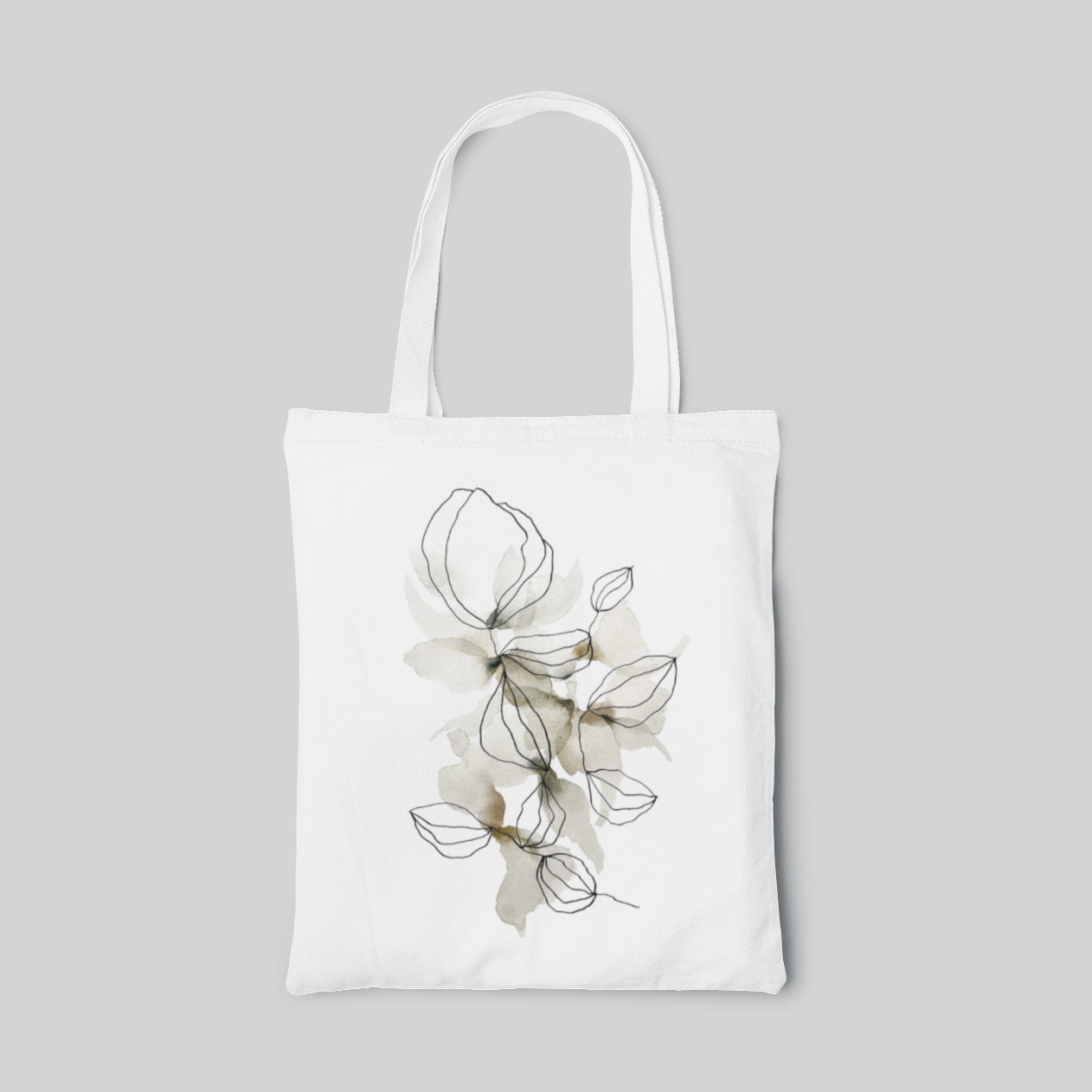 a abstract, minimalist tote bag with watercolour leaves and marker leaves lines, front side