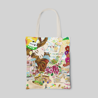 an urban designed tote bag with a girl, flowers and buildings, front side