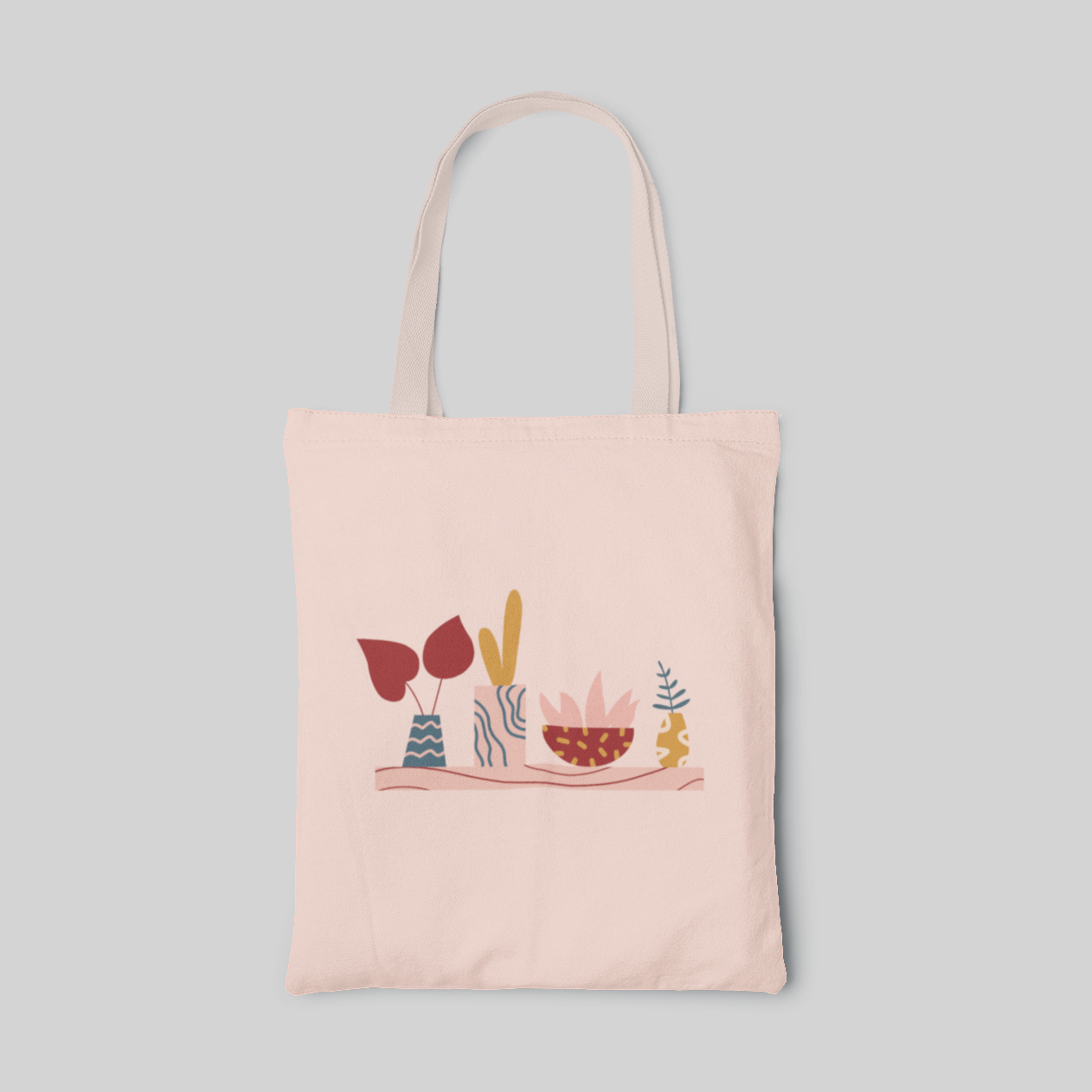 minimalist designed pink tote bag with four potted plants on a shelf, front side