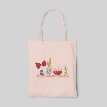 Pink tote bag with four potted plants 